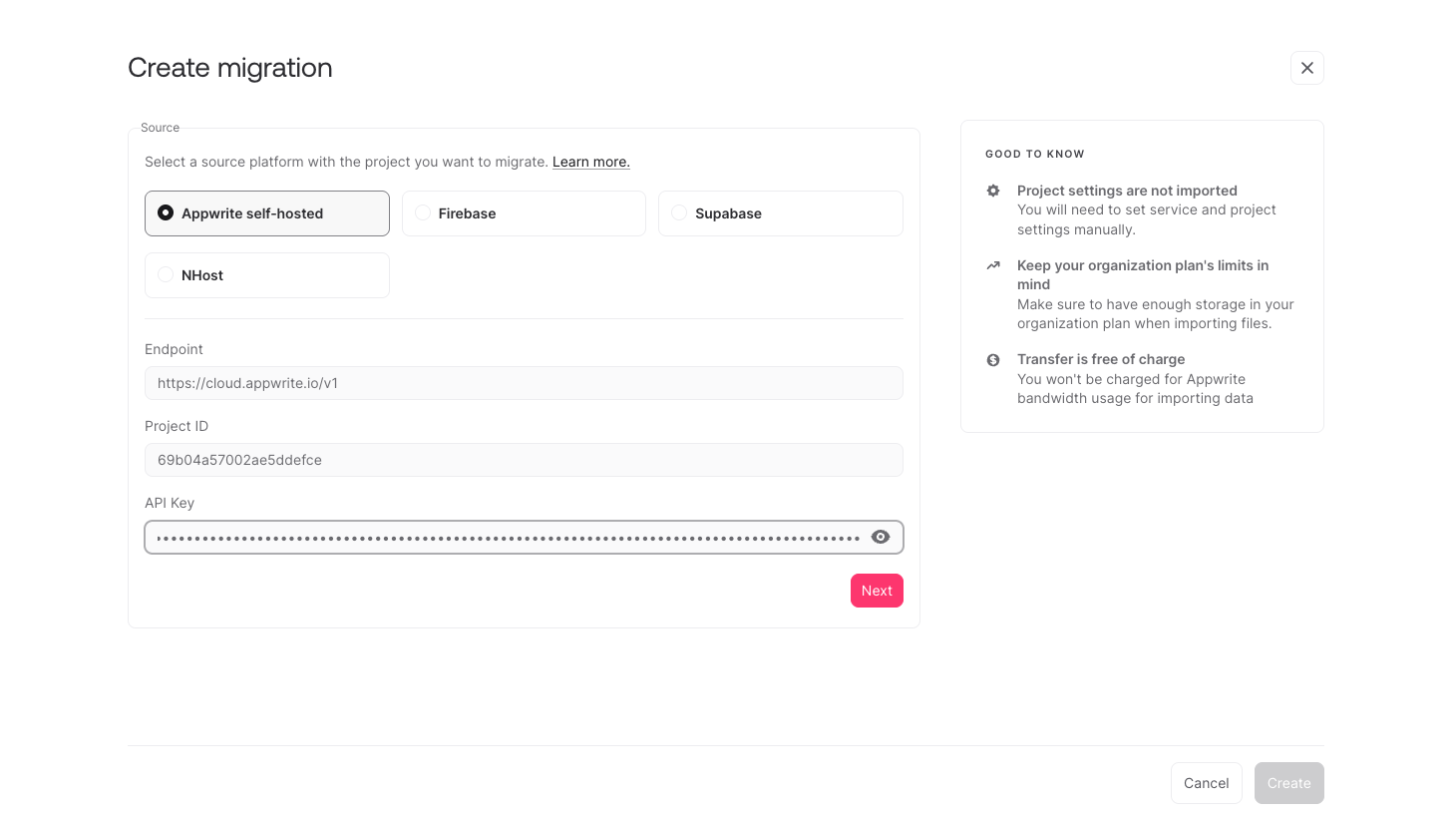 Migration form filled with credentials