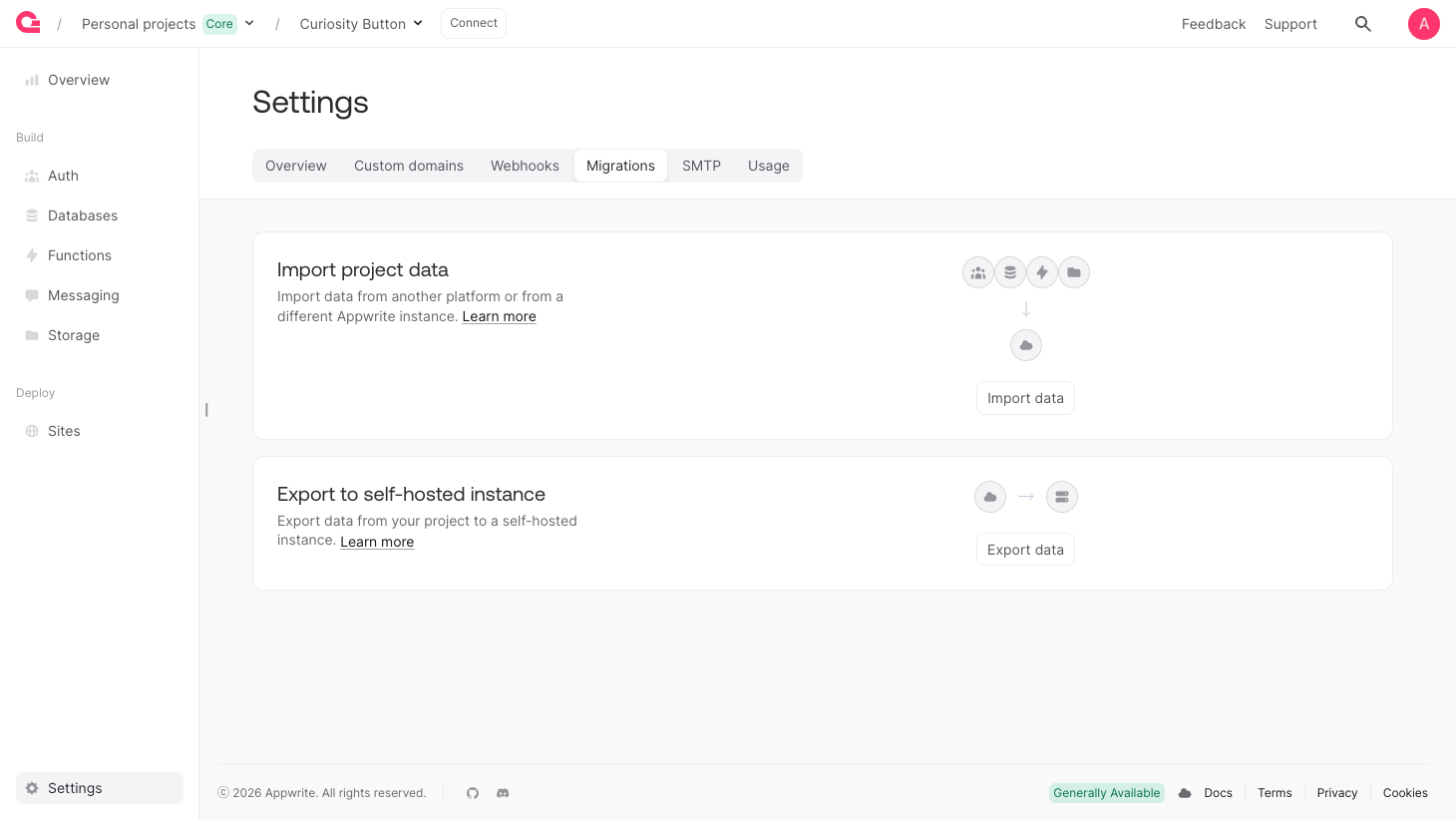 Migrations tab in Appwrite Cloud